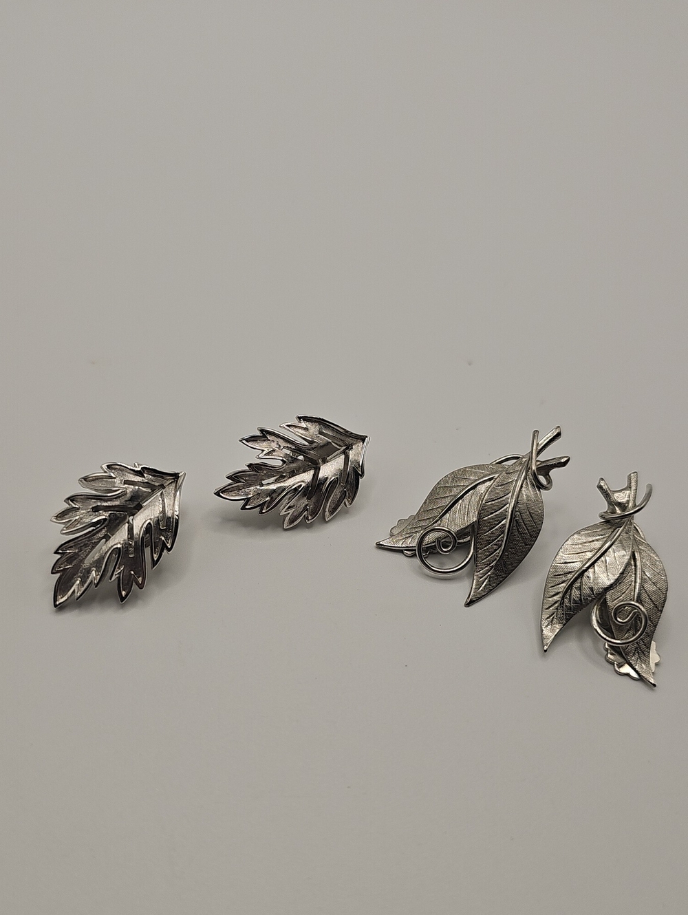 Silver Leaf Clip Earrings, Crown Trifari Clip Earings Both Women Jewelry